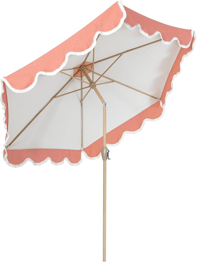 Tempera 9ft Scalloped Patio Umbrellas with Fringe, Market Umbrellas with Water-Resistant and Fade Resistant Canopy, 1.5" Wood Pole & Button Tilt,Beige Spliced Coral Red