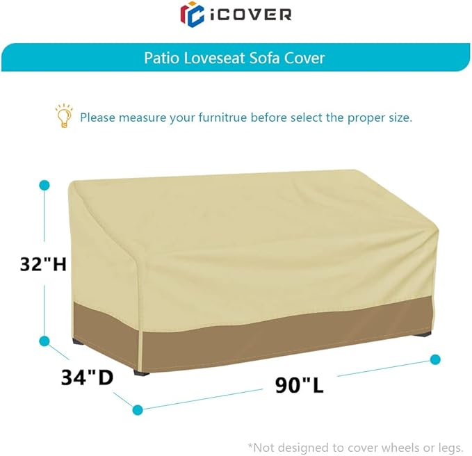 iCOVER Patio Sofa Loveseat Cover, Rainproof Outdoor Funiture Set Covers Waterproof Deep Lounge Protection, Easy On/Off, Buckles Drawstring Design,90"x34"x32" (LxDxH)