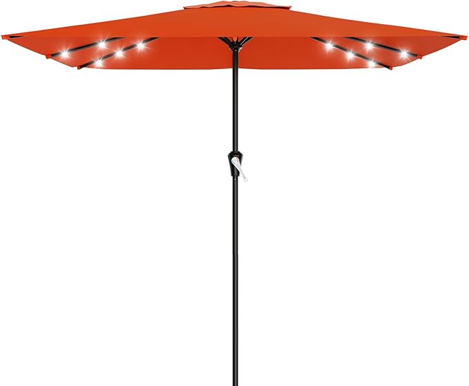 AreShark 8' X 10' Rectangular Patio Umbrella with Solar Lights, Lighted Solar Umbrella with Crank, Outdoor Table Umbrella for Garden, Deck, Backyard, Pool and Beach, Orange