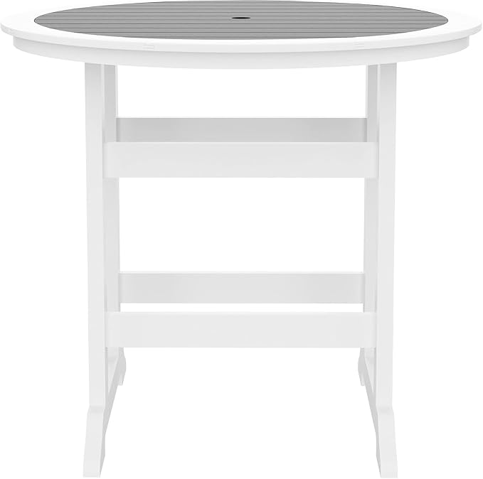 Outdoor Bar Table, Counter Height Round High Top Pub Table with 1.96" Umbrella Hole for Backyard Deck Balcony Front Porch White & Grey