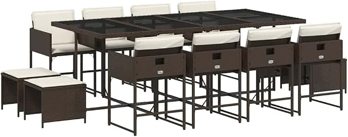 13 Piece Patio Dining Set with Cushions Brown Poly Rattan Outdoor Table 8 Chairs 4 Stools Tempered Glass Top Foldable Compact Storage UV-Proof