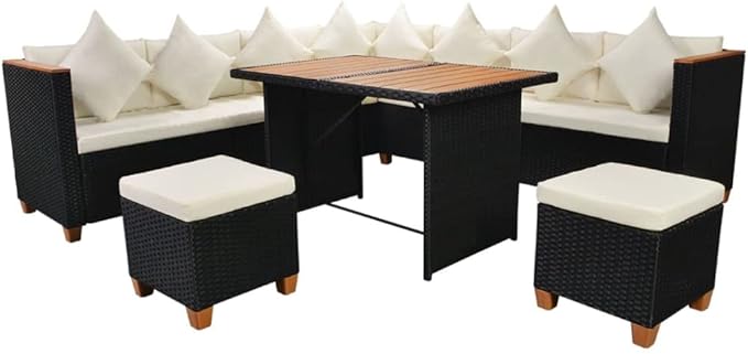 7 Piece Patio Lounge Set with Cushions, Sectional Sofa Patio Conversation Set Porch Furniture Set Front Porch Furniture for Poolside Negotiation Area Piazza Exhibition Poly Rattan Black