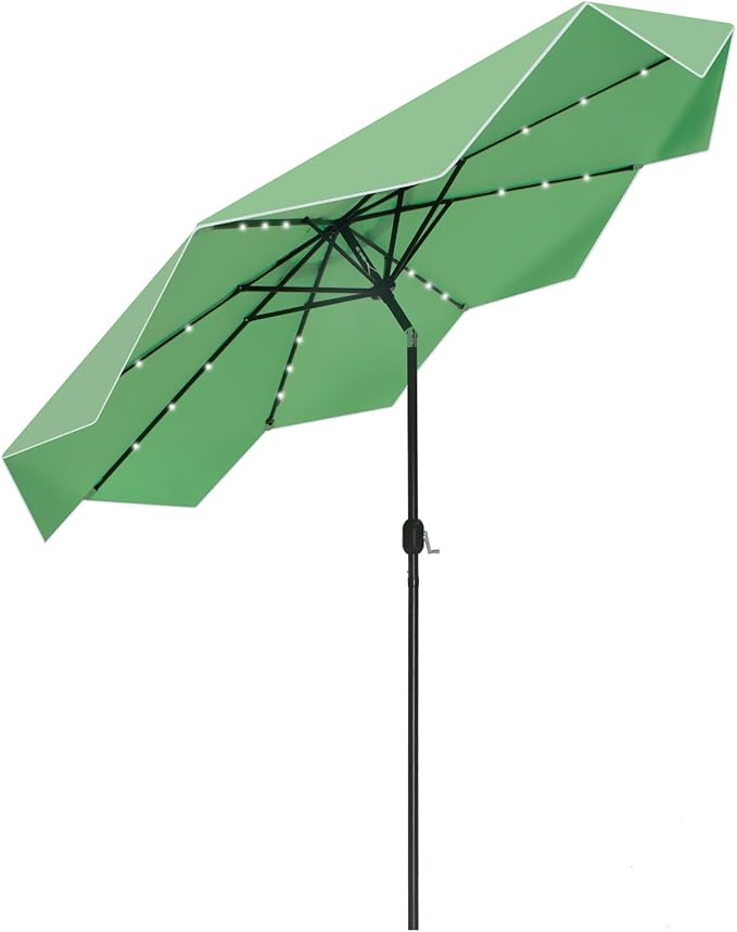 PHI VILLA 10ft Patio Umbrellas with 24 pcs LED Solar Lights, Outdoor Market Table Lighted Umbrella with 8 Steel Ribs, Tilt for UV-Resistant, Lotus Leaf Shape Canopy, Green