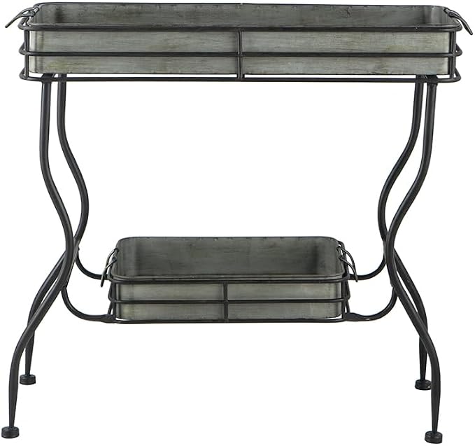 Galvanized Tray Table, Iron, 32x15x31 in, Antique Gray | Iron, galvanized two-tray table with handles, assembly required, outdoor patio use