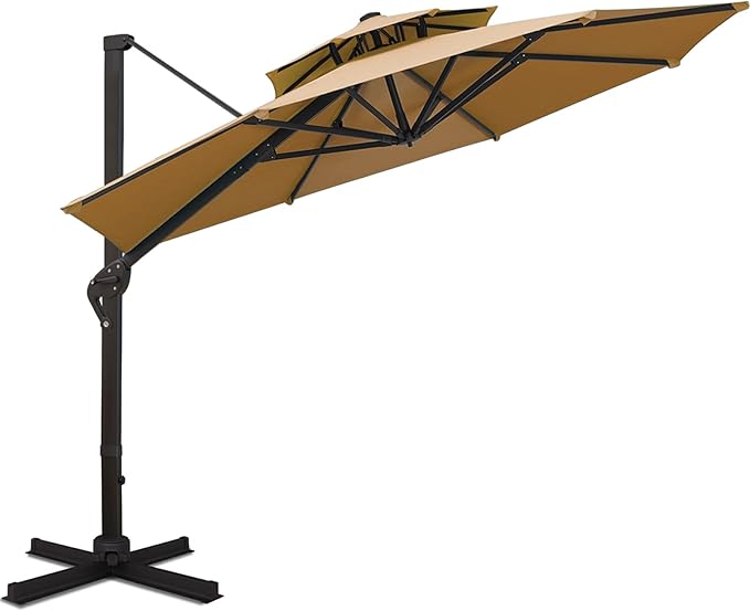 Sunnyglade 11FT Double Top Cantilever Patio Umbrella Deluxe Offset Umbrella 360° Rotation & Integrated Tilting System Heavy Duty Outdoor Umbrella for Market Garden Deck Pool Backyard Patio(Tan)