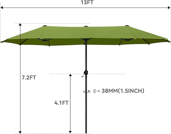 GREEN PARTY 13ft Rectangle Patio Umbrella, Double Sided Outdoor Table Umbrella with Crank & 1.5" Pole, Large Market Umbrella for Poolside Garden Deck Backyard, Lime