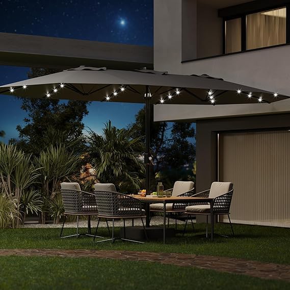 TrailBlaze 15FT Patio Umbrella With Base and Solar Lights, Outdoor Large Patio Double-Sided Market Umbrella With Crank Handle, UV Protection, for Lawn Deck Backyard Pool
