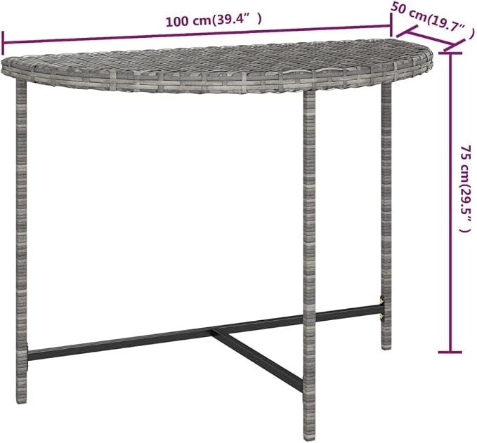 Wicker Half-Moon Patio Table, Half-Round Rattan Bistro Table, Gray 39.4"x19.7"x29.5" Poly Rattan, -283