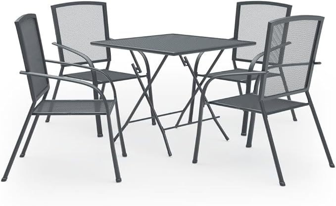 5 Piece Patio Dining Set Steel Anthracite with Mesh Design, Outdoor Dining Set for Patio Garden, Foldable Table and Stackable Chairs