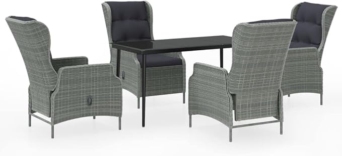 5 Piece Patio Dining Set Light Gray with Reclining Chairs, Outdoor Rattan Furniture for Garden Backyard, Tempered Glass Table and Adjustable PE Wicker Seat Cushions, 4 Person Patio Conversation Set