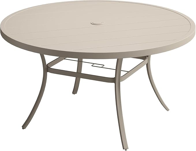 VICLLAX 50" Outdoor Round Patio Dining Table for 4-6, All Weather Metal Dining Table with Umbrella Hole for Deck Lawn Garden Backyard, Sandshell