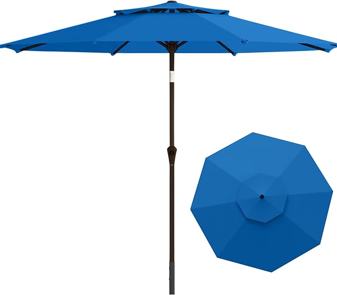 9FT Patio Umbrella 2-Tier Outdoor Market Table Umbrella with Push-Button Tilt & Crank | UPF 50+ & Waterproof for Backyard,Garden,Pool,Deck(Royal Blue)