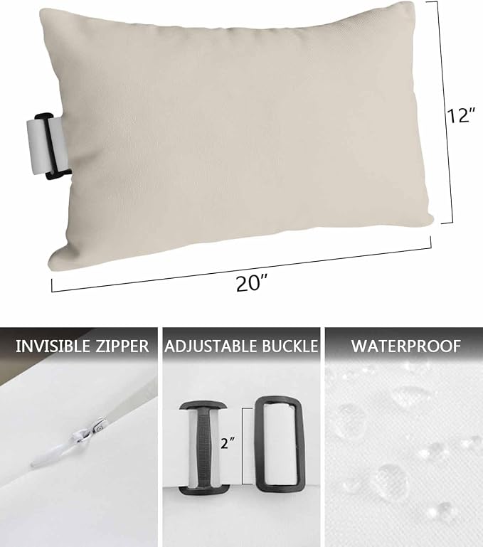 Outdoor Lumbar Pillows with Strap & Insert Swan White Recliner Head Pillow Pack of 2 Simple Style Waterproof Headrest Patio Lounge Chair Pillows for Beach Pool Office Chaise Chair 12x20 Inch