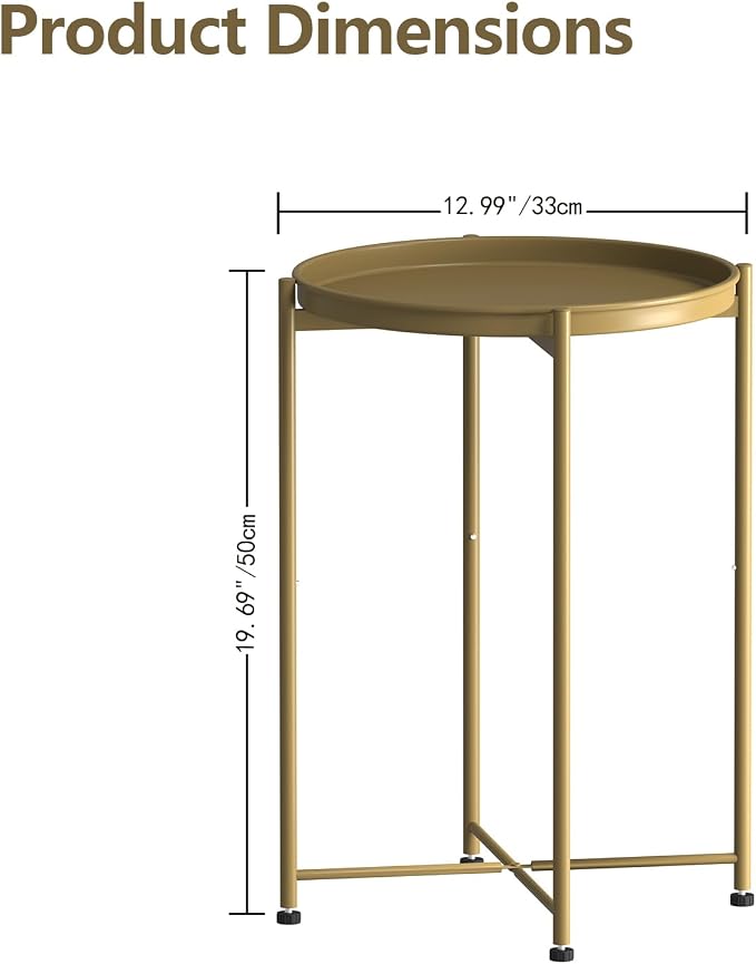 Garden 4 you Small Side Table, Gold Mini Round End Table, Tray Table with Metal Frame, Modern Nightstand for Living Room, Bedroom, Patio, Small Space, 2pcs