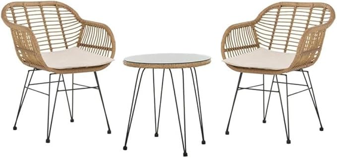 SAFAVIEH Outdoor Collection Alton Light Brown Rattan/Beige Seat Cushion 3-Piece Patio Lounge Bistro Set with Table (PAT9004C)