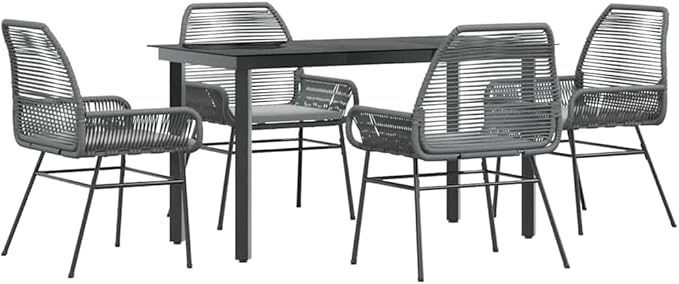 vidaXL 5 Piece Patio Dining Set - Gray Poly Rattan Cushions - Outdoor/Patio/Garden Furniture - Glass Top Table & Armrest Chairs