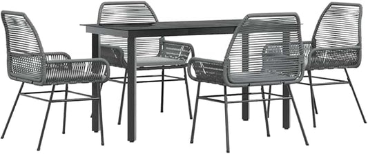 vidaXL 5 Piece Patio Dining Set - Gray Poly Rattan Cushions - Outdoor/Patio/Garden Furniture - Glass Top Table & Armrest Chairs