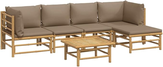 6 Piece Patio Lounge Set with Taupe Cushions, Patio Conversation Set Front Porch Furniture Porch Furniture Set Sectional Sofa for Negotiation Area Garden Poolside Exhibition Bamboo