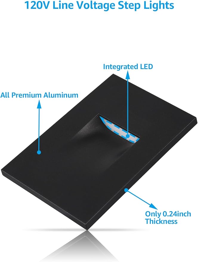 LEONLITE 5CCT 120V LED Step Lights, 3.5W 150LM 5%-100% Dimmable Indoor Outdoor Waterproof Vertical Stair Light, 2700K/3000K/3500K/4000K/5000K Selectable, CRI90, ETL, Aluminum, Black, Pack of 6