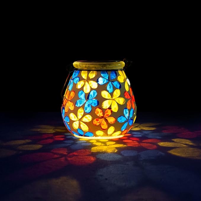 Stargarden Mosaic Solar Lanterns, Glass Hanging Lantern Waterproof Outdoor Haning Lights Flower Decorative Table Lamp for Garden ,Patio,Yard Decor