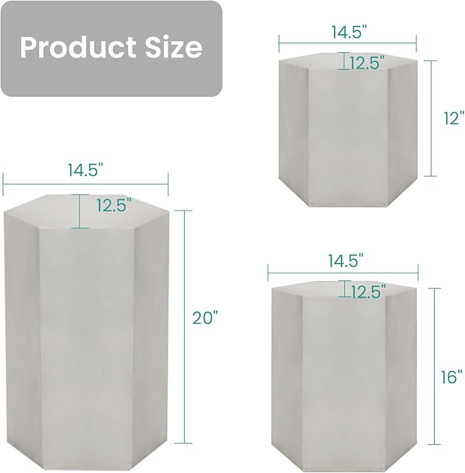 SUNBURY Outdoor Concrete Side Table, Outdoor End Tables for Patio 12" H Heavy Duty Outdoors Accent Table, Decorative Garden Stool for Indoor Outdoors, Light Grey