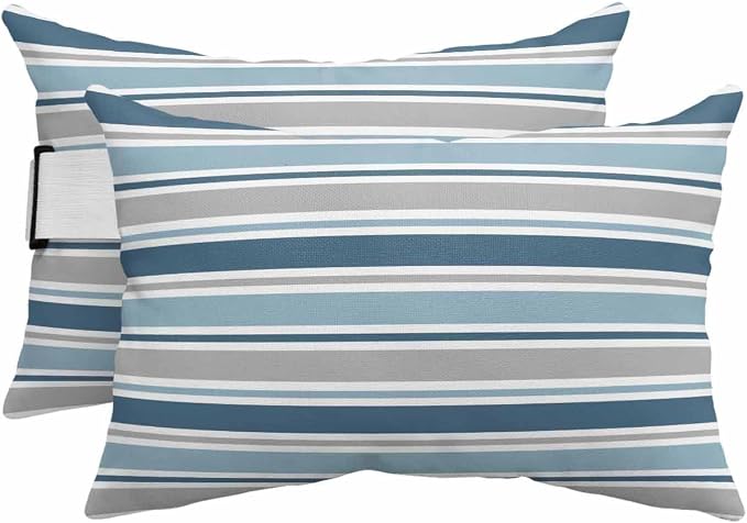 Pack of 4 Outdoor Lumbar Pillow Covers 11x16 Inch, Blue Grey Striped Waterproof Throw Pillow Covers Set, Farmhouse Stripes Modern Abstract Art Outside Decorative Cushion Cases for Patio Porch Car