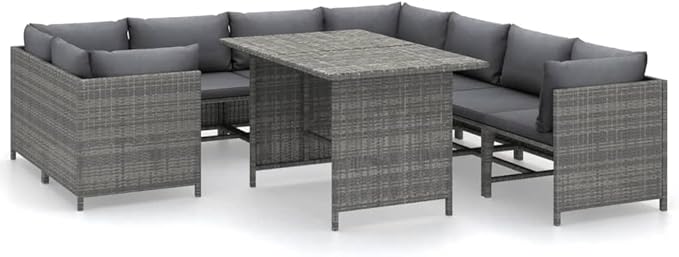 9-Piece Grey PE Rattan Patio Conversation Set, 23.6x23.6x25.6 in Modular Outdoor Sectional Sofa w/Dining Table for Balcony, Porch, Garden