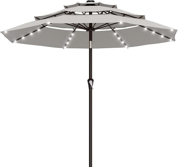 AreShark 9ft 3 Tiers Patio Umbrella with Solar Lights, Outdoor Umbrella w/ 32 LED Lights&8 Sturdy Ribs, Table Umbrella for Deck, Backyard, Pool (Light Gray)