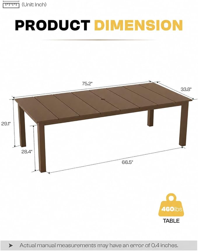 75.2" Outdoor Dining Table for 4-6 People, Patio Dining Outdoor Table with Umbrella Hole, All Weather Patio Table for Backyard, Deck and Garden, Brown