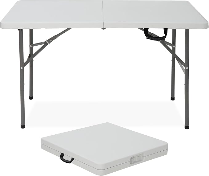 4 FT Folding Table, Fold in Half, Heavy Duty Portable Plastic Table w/Handle for Picnic Party Camping Dining Indoor Outdoor, Lightweight White