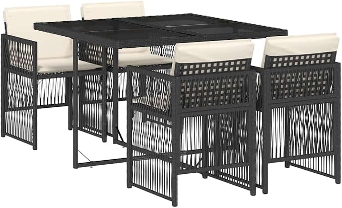 5 Piece Patio Dining Set with Cushions Black Poly Rattan Outdoor Furniture Foldable Chairs Tempered Glass Table UV Protection for Garden Backyard BBQ Lounge