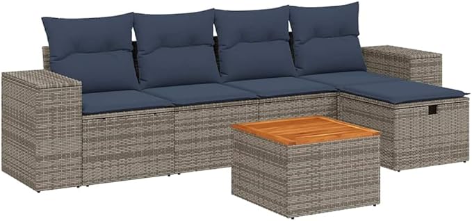 vidaXL Patio Sofa Set with Cushions 6 Piece, Outdoor Conversation Set, Sectional Sofa for Balcony Garden, Modern Style, Gray Poly Rattan