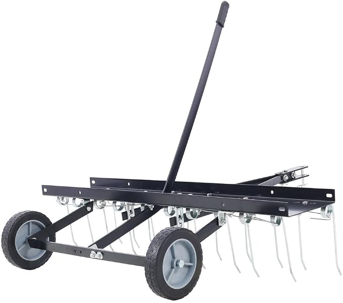 Tow-Behind 40" Lawn Sweeper and Dethatcher, 20 Rust-Proof Tine Landscape Rake, Riding Lawn Mower Attachment for Thatch Removal and Yard Maintenance