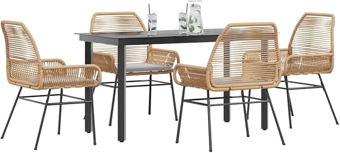 vidaXL 5 Piece Patio Dining Set with Cushions - Brown PE Rattan, Black Steel Frame, Tempered Glass Table, Garden/Backyard/Outdoor/Patio Seating