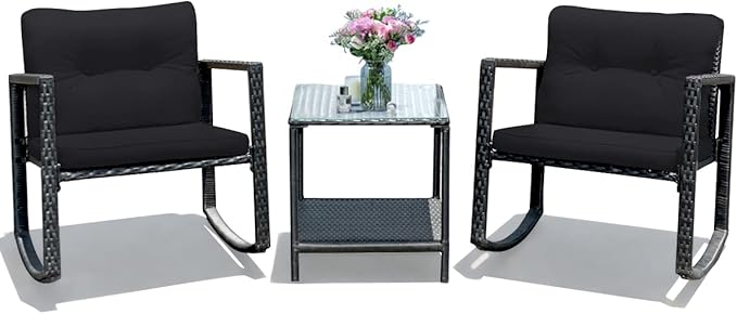 Tangkula 3 Pieces Patio Wicker Rocking Bistro Set, Outdoor Rocking Chair Furniture Set w/Cushioned Seat, Conversation Set w/Glass Coffee Table and Storage Shelf (Black)