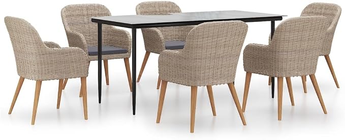 7 Piece Acacia Wood Patio Dining Set with Brown Cushions, Tempered Glass Tabletop, Powder-Coated Steel Frame, Removable Foam-Filled Cushions for Outdoor Garden