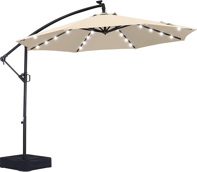 ABCCANOPY 10 FT LED Patio Umbrellas Cantilever Umbrella with base, 360° Rotation Outdoor Lighted Offset Umbrella Bonus Fix Frame & Weights Bag for Backyard, Deck, Poolside (Light Beige)