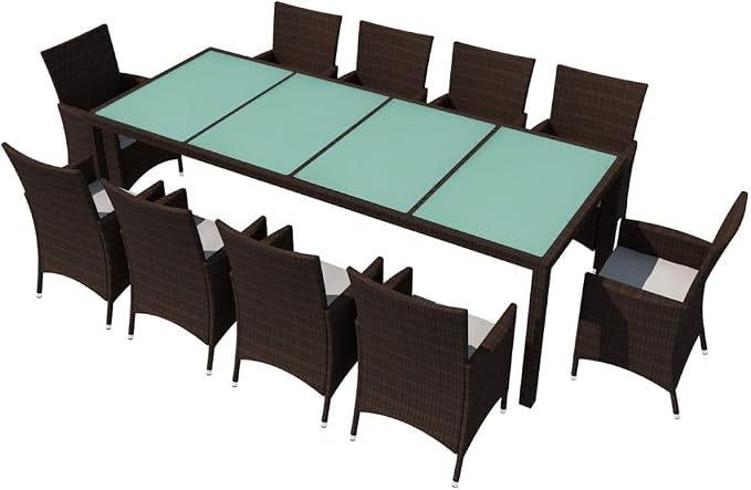 11 Piece Patio Dining Set with Cushions Poly Rattan Brown Outdoor Garden Furniture Table and 10 Chairs Weather Resistant for Al Fresco Dining Relaxing Glass Top Steel Frame Cream White