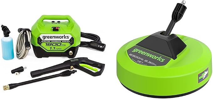 Greenworks 1800 PSI (1.1 GPM) Electric Pressure Washer PWMA Certified & 12" (in.) Surface Cleaner Pressure Washer Attachment