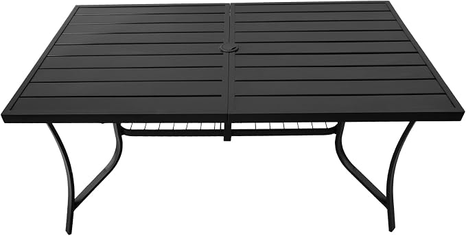 60" Outdoor Metal Patio Dining Table, Rectangular Steel Slat Table with Umbrella Hole, Modern Weather-Resistant Garden Table for 6 People, Backyard, Deck, Black