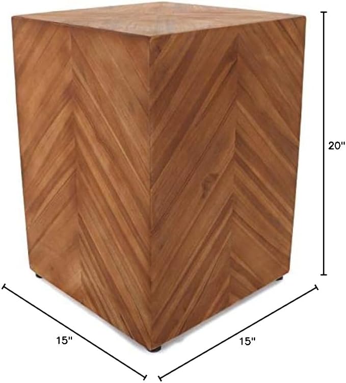 Teak Garden Stool - Farmhouse End Table Barn Door Wooden Rustic Side Table/Patio Indoor Outdoor (Chevron), 15 in x 20 (D W H)