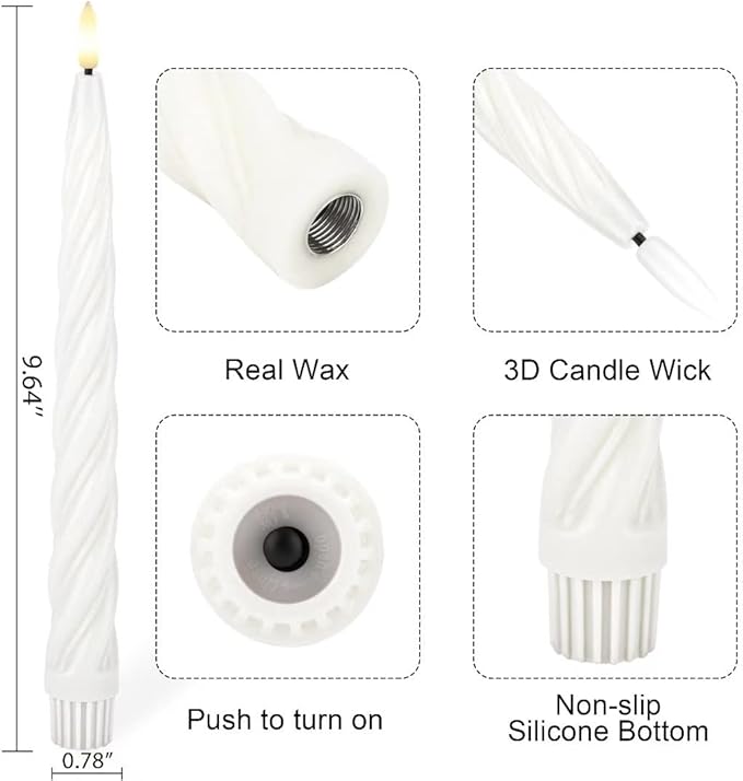 Flameless Taper Candles with 3D Wick, 9.6" Real Wax LED Candles with Remote and Timer, 3 Pack Flickering Candlesticks Battery Operated, Spiral Taper Candle for Home, Wedding, Party, White
