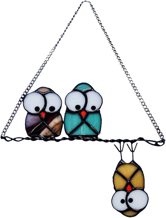Multicolor Owls on a Wire High Stained Glass Suncatcher Panel, Bird Suncatcher for Windows Doors Room Home Decoration Hummingbird Ornamentand Gifts for Bird Lovers