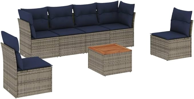 vidaXL Patio Sofa Set with Cushions 7 Piece, Outdoor Conversation Set, Patio Furniture Set for Balcony Garden, Modern Style, Gray Poly Rattan