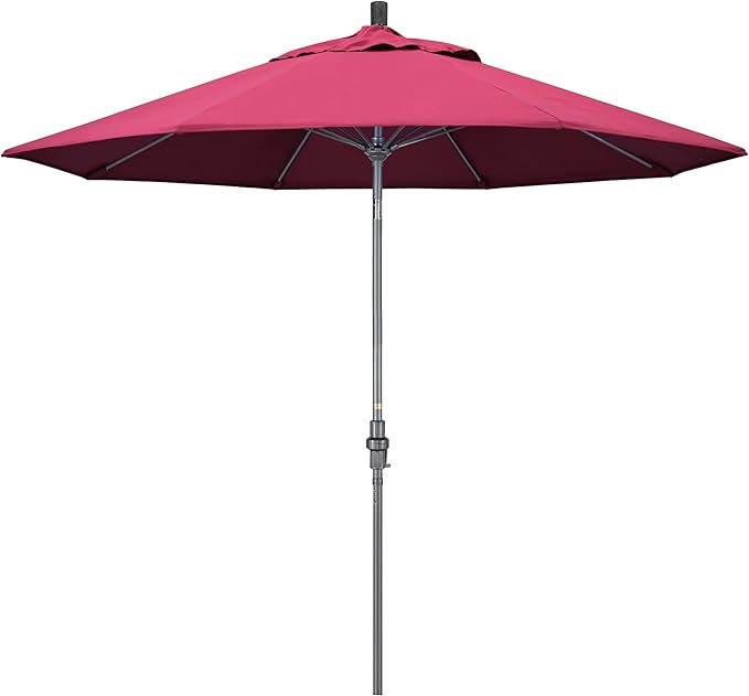 California Umbrella 9' Rd. Crank Lift, Collar Tilt, Aluminum Pole, Fiberglass Rib Patio Umbrella, Hammertone Grey Finish, Sunbrella Hot Pink