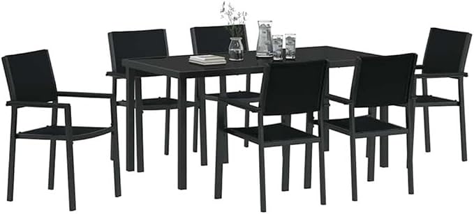 Afuera Living 7-Piece Powder-Coated Steel Garden Dining Set, Black Finish, Weather-Resistant UV-Protected Materials, Seating for 6, Modern Outdoor Patio Furniture for Spring and Summer