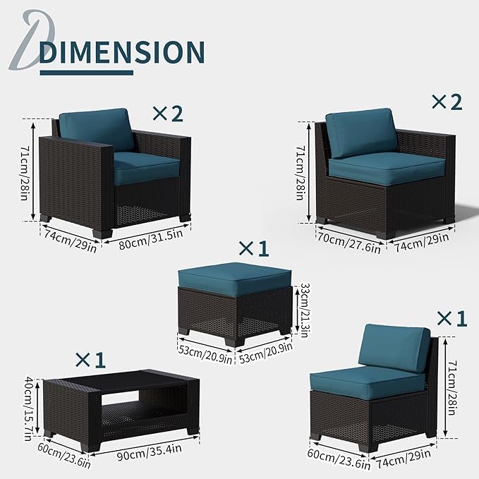 7 Pieces Patio Furniture Set Wicker Outdoor Furniture All-Weather Outdoor Sofa with Thick Cushions & Coffee Table Patio Conversation Set for Lawn, Patio, Balcony, Deck, Poolside (Brown & Peacock blue)