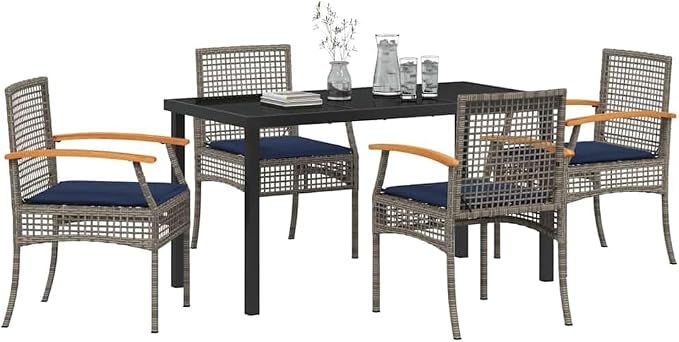 5 Piece Outdoor Garden Dining Set with Rattan Chairs and Black Glass Table, Weather Resistant Patio Furniture for Backyard, Balcony and Terrace, Grey