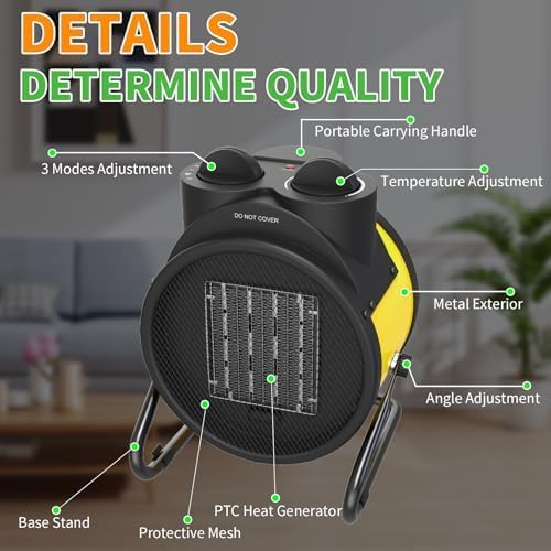 Buyplus Outdoor Heaters for Patio - 1500W Portable Garage Heater with 90°Adjustable Angle, Overheat Protection & 2S Fast Heating, Electric Space Heater for Patio, Garage, Bedroom, Office (Yellow)