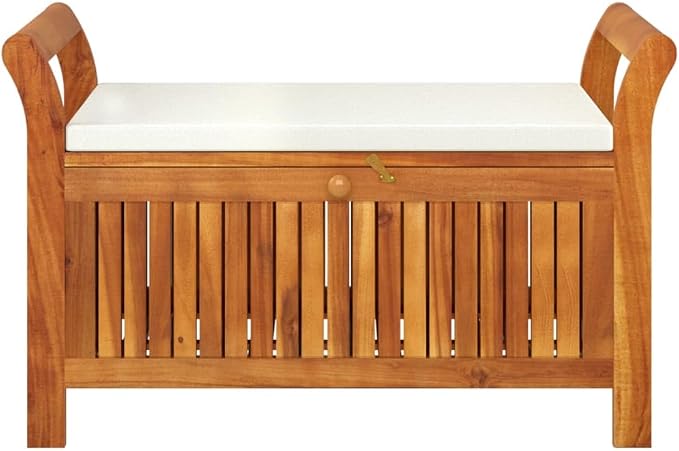 Wooden Outdoor Patio Storage Bench Large Deck Box with White Cream Cushion 35.8"x19.7"x23.6" Solid Wood Acacia Storage Box Deck Box with Seat for Garden, Balcony, Porch, Pool,Yard -AA